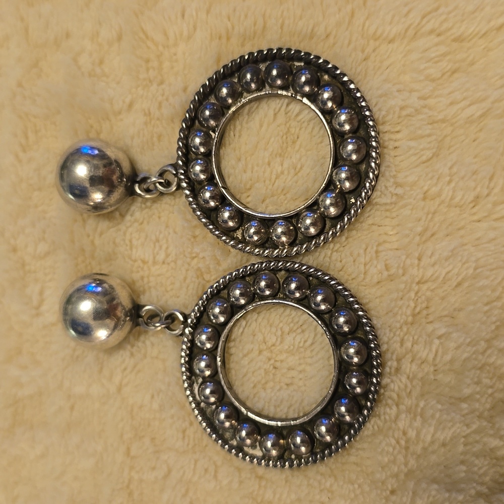 Taxco Sterling Silver Beaded Hoop Earrings